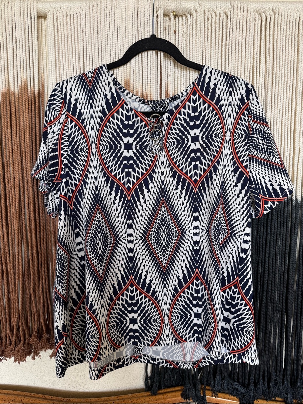 navy + white boho blouse; excellent condition